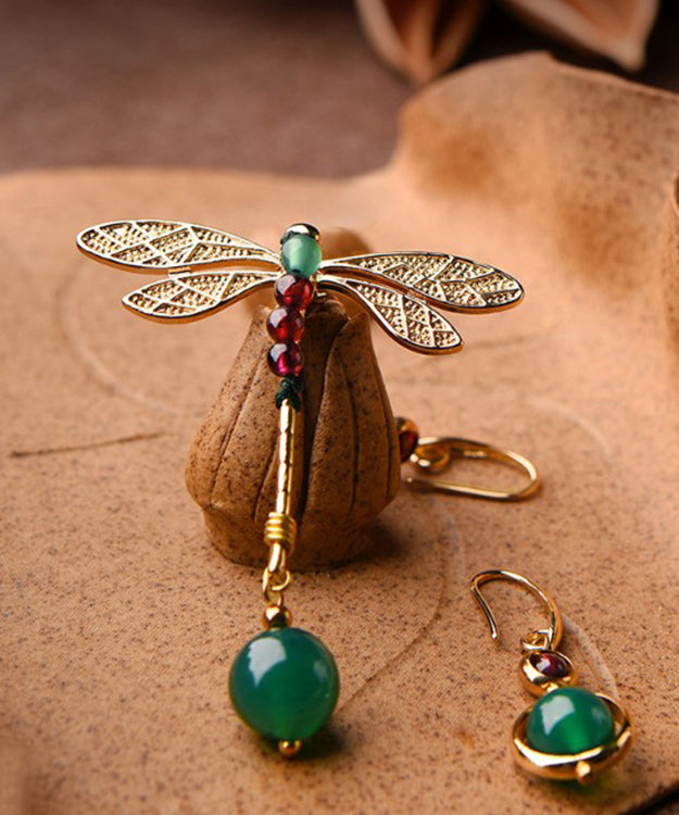 Fine Gold 14K Gold Agate Garnet Dragonfly Asymmetric Drop Earrings