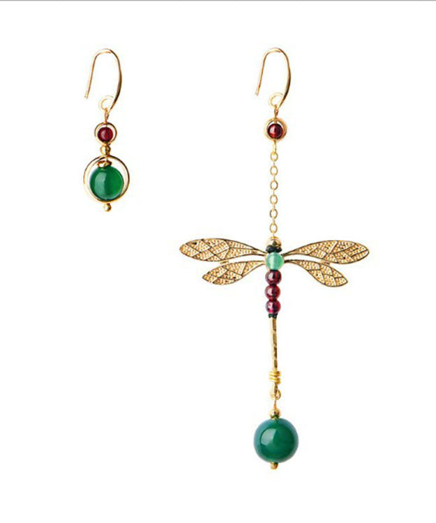 Fine Gold 14K Gold Agate Garnet Dragonfly Asymmetric Drop Earrings
