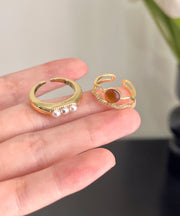 Fine Gold Overgild Inlaid Pearl Zircon Cat's Eye Stone Two Piece Set Rings