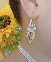 Fine Gold Sterling Silver Overgild Zircon Floral Cat's Eye Leaves Drop Earrings