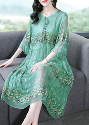 Fine Grass Green Embroidered Patchwork Silk Maxi Dresses Summer