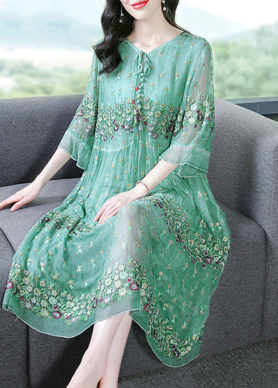 Fine Grass Green Embroidered Patchwork Silk Maxi Dresses Summer