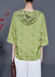 Fine Grass Green Hooded Print Silk Blouses Bracelet Sleeve