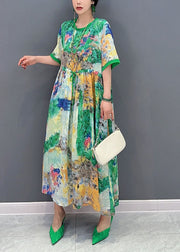 Fine Green Cinched Print Chiffon Vacation Dresses Summer