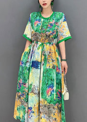 Fine Green Cinched Print Chiffon Vacation Dresses Summer