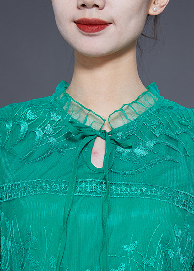 Fine Green Embroidered Hollow Out Tulle Holiday Dress Half Sleeve