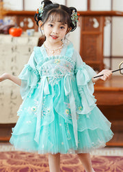 Fine Green Embroidered Patchwork Tie Waist Tulle Baby Girls Mid Dress Flare Sleeve