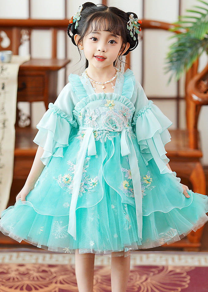 Fine Green Embroidered Patchwork Tie Waist Tulle Baby Girls Mid Dress Flare Sleeve
