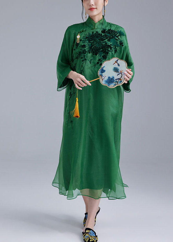 Fine Green Mandarin Collar Embroidered Tulle Silk A Line Dress Bracelet Sleeve