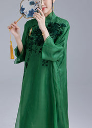 Fine Green Mandarin Collar Embroidered Tulle Silk A Line Dress Bracelet Sleeve
