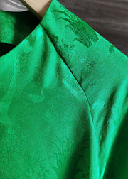 Fine Green O Neck Patchwork Jacquard Silk Shirts Summer