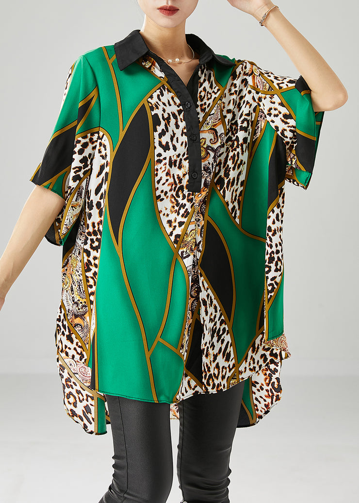 Fine Green Oversized Leopard Print Chiffon Shirts Summer