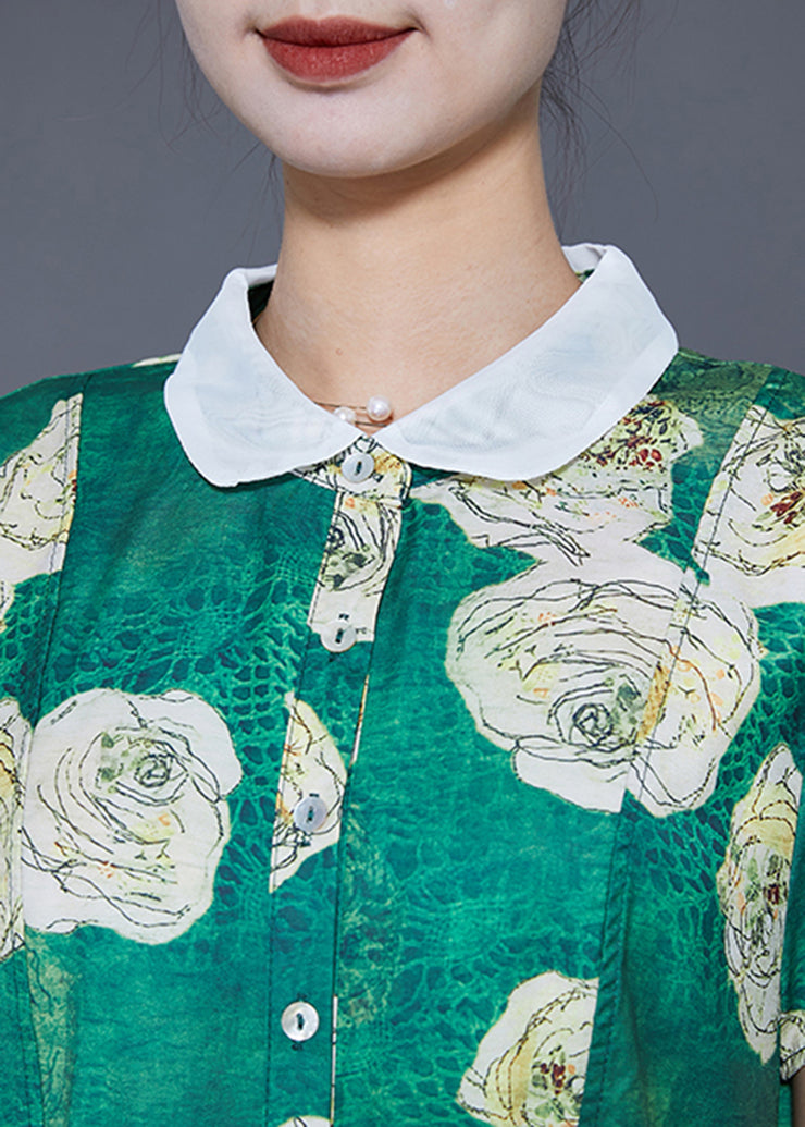 Fine Green Peter Pan Collar Floral Chiffon Shirt Dress Summer