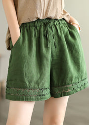 Fine Green Pockets Cinched Lace Patchwork Linen Shorts Summer