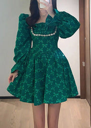 Fine Green Square Collar Embroidered Tunic Mid Dress Long Sleeve