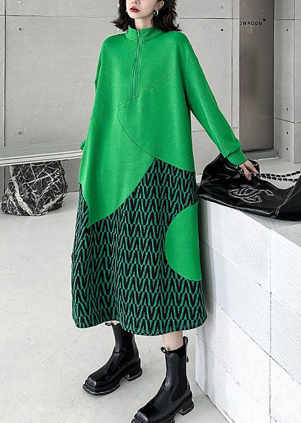Fine Green Stand Collar Patchwork Print Cotton Sweatshirt Dress Spring