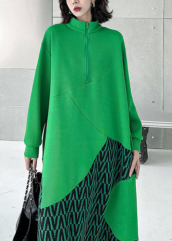 Fine Green Stand Collar Patchwork Print Cotton Sweatshirt Dress Spring