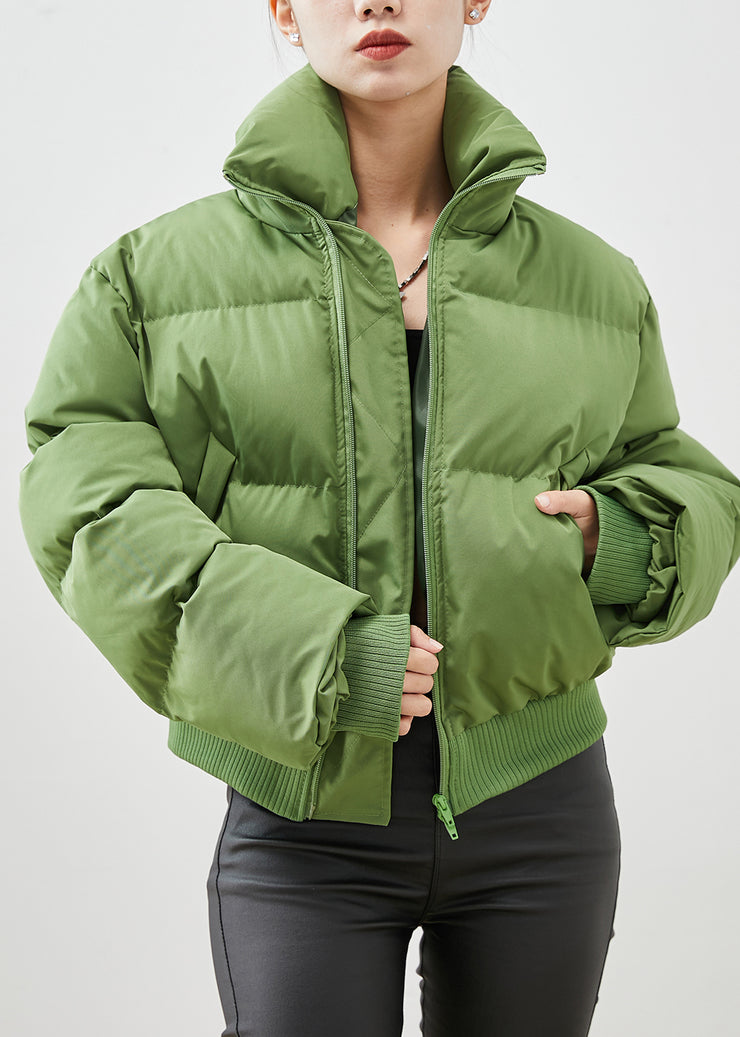 Fine Green Stand Collar Pockets Fine Cotton Filled Short Coat Winter