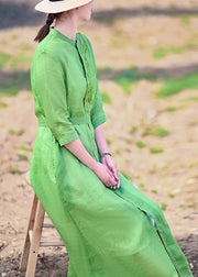 Fine Green Stand Collar tie waist Embroidered Linen Party Dress Half Sleeve