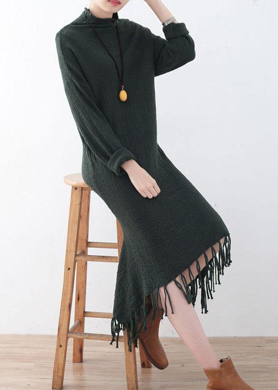 Fine Green Turtleneck Patchwork Fall Knit Sweater Dress - SooLinen