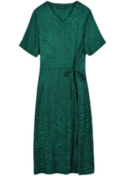 Fine Green V Neck Patchwork Drawstring Silk Mid Dress Summer