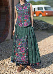 Fine Green Wrinkled Embroidered Pockets Patchwork Silk Skirt Summer