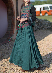 Fine Green Wrinkled Embroidered Pockets Patchwork Silk Skirt Summer