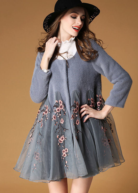 Fine Grey Embroidered Organza Patchwork Wool Coats Winter