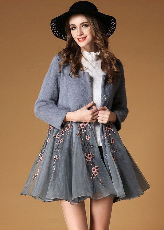 Fine Grey Embroidered Organza Patchwork Wool Coats Winter