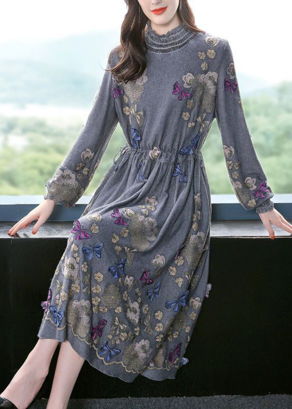 Fine Grey High Neck Embroidered Butterfly Wool Cinched Dress Spring