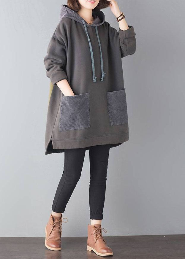 Fine Grey Hooded Pockets Patchwork Warm Fleece Loose Sweatshirt Winter