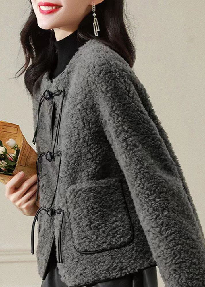 Fine Grey O Neck Tasseled Button Patchwork Wool Coats Winter