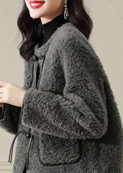 Fine Grey O Neck Tasseled Button Patchwork Wool Coats Winter