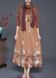 Fine Khaki Embroidered Patchwork Knit Dress Fall