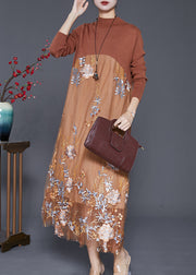 Fine Khaki Embroidered Patchwork Knit Dress Fall