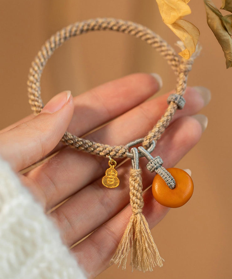 Fine Khaki Hand Knitting Beeswax Gourd Tassel Charm Bracelet