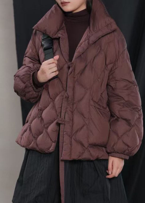 Fine Khaki Loose Stand Collar Pockets Winter Duck Down Puffer Coat