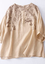 Fine Khaki O Neck Embroidered Patchwork Linen T Shirt Summer