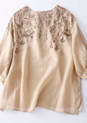 Fine Khaki O Neck Embroidered Patchwork Linen T Shirt Summer