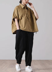 Fine Khaki Pockets Cotton Tops Short Sleeve - SooLinen
