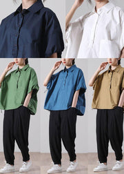 Fine Khaki Pockets Cotton Tops Short Sleeve - SooLinen