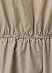 Fine Khaki V Neck Wrinkled Patchwork Cotton Long Dress Summer