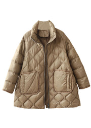 Fine Khaki Zip Up Oversized Thick Big Pockets Duck Down Puffer Jacket Winter