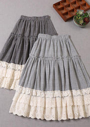Fine Light Gray Plaid Patchwork Wrinkled Lace Fall Skirts - SooLinen