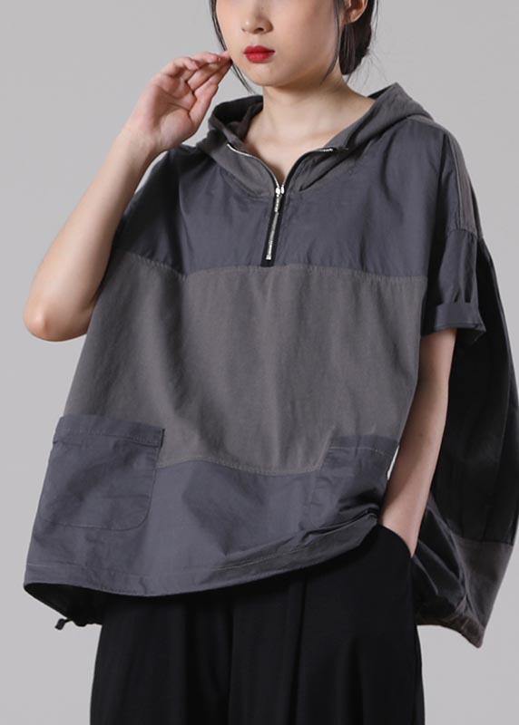 Fine Light Grey zippered Patchwork Cotton T Shirt Summer - SooLinen