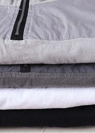 Fine Light Grey zippered Patchwork Cotton T Shirt Summer - SooLinen