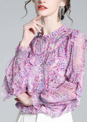 Fine Light Purple Ruffled Print Button Silk Shirts Long Sleeve