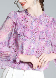 Fine Light Purple Ruffled Print Button Silk Shirts Long Sleeve