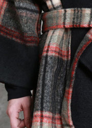Fine Loose fitting maxi coat red plaid Notched tie waist Woolen Coat Women - SooLinen