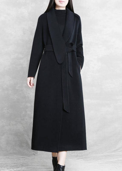 Fine Loose fitting maxi coat woolen outwear black tie waist pockets overcoat - SooLinen